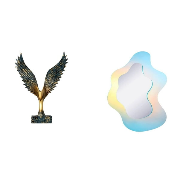 Estatua de la casa,Estatua de ala hecha a mano,artesanía de resina para cafetería,espejo acrílico ondulado,Espejo acrílico ondulado arcoíris de estética irregular.,Espejo de tocador para
