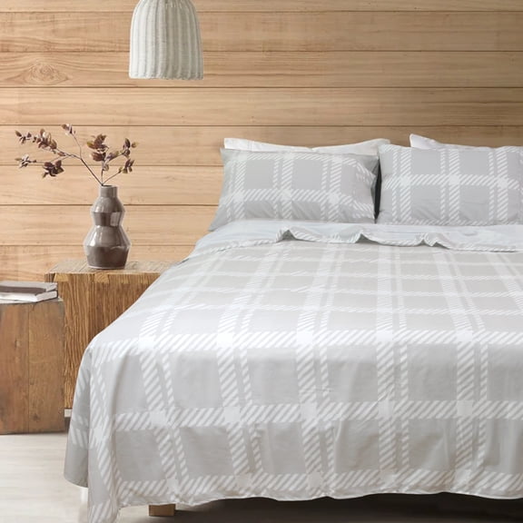 4 Pieces Microfiber Flannel Sheet Set, Full Size Gray Grid Color, Bed Sheets & Pillowcases, Deep Pocket