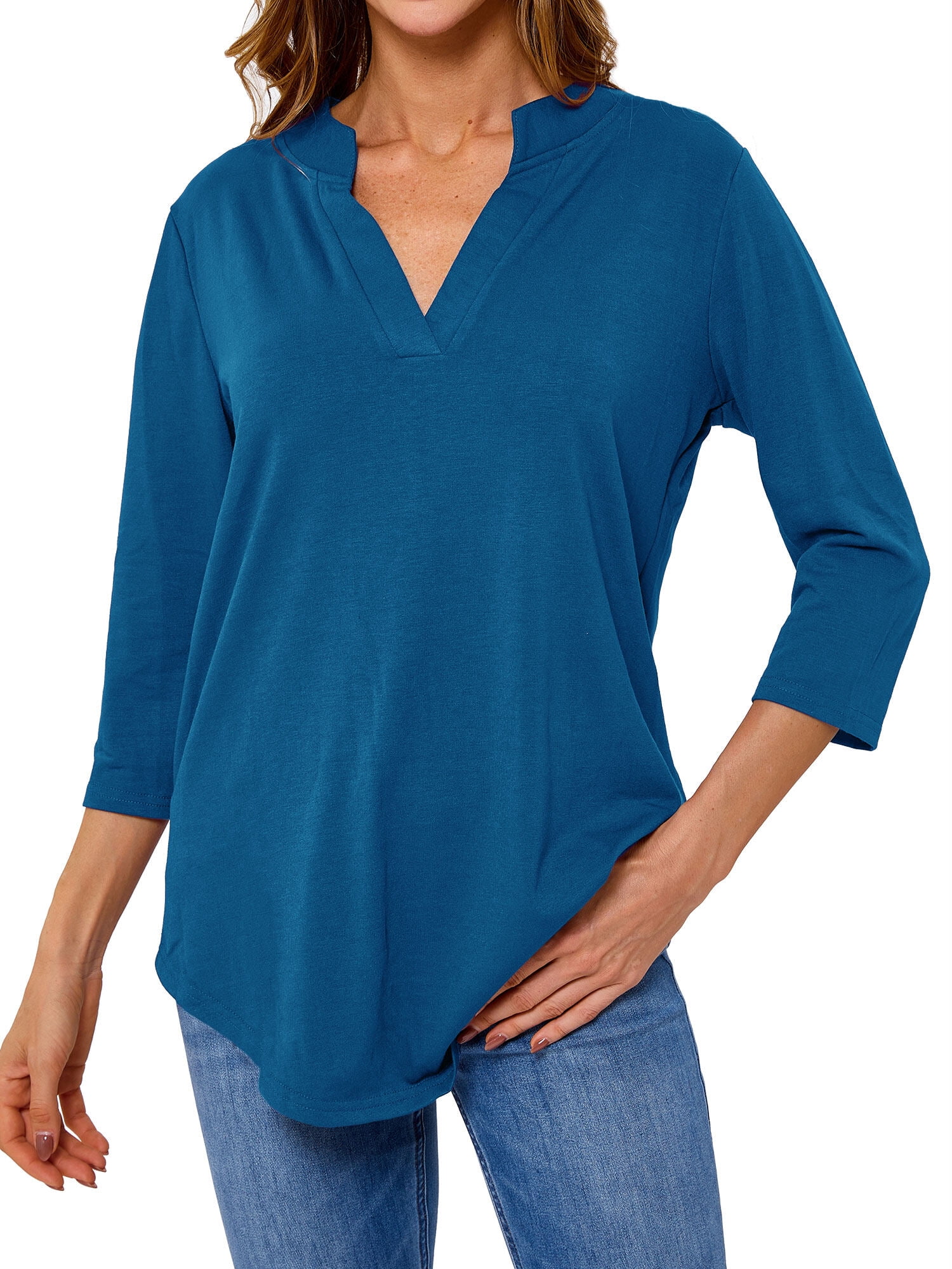Women Solid Color V Neck 3/4 Sleeve Top