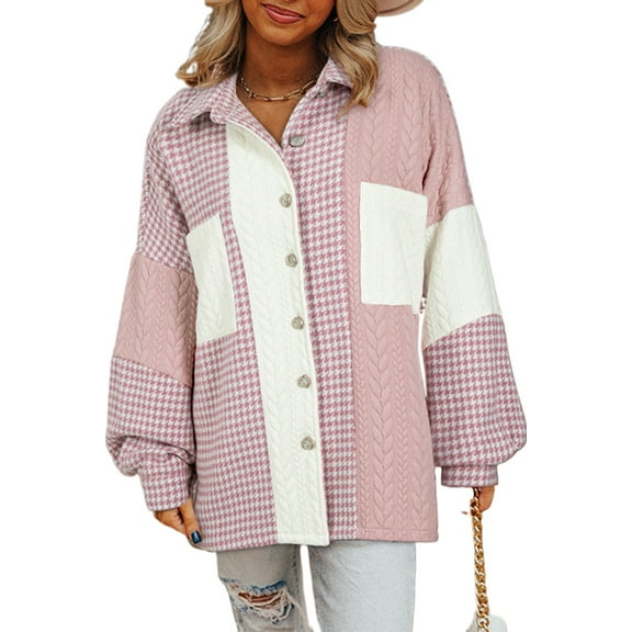 Women's Pink Color Block Houndstooth Loose Shacket | [ZhiHiMeRi] | (US 20-22)2XL