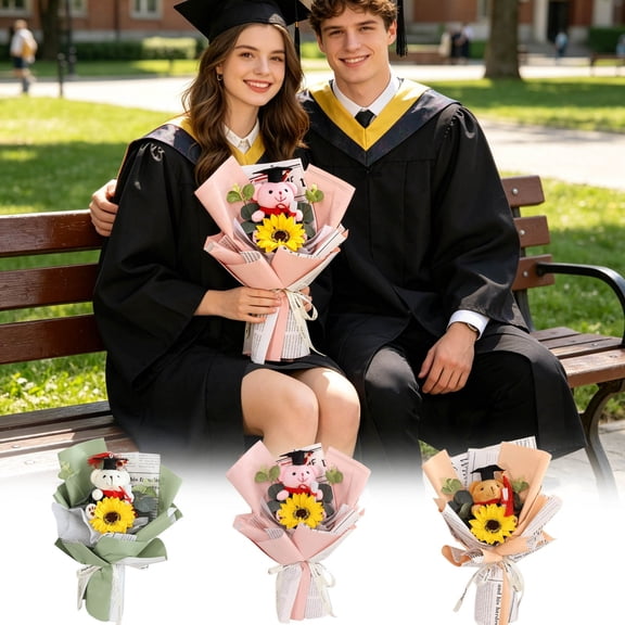 Sentmoon Gifts Sunflower Graduation Plush Bear Bouquet Smiling Sunflower Arrangement Graduation Gift Keepsake Handmade Plush Bear with Artificial Sunflowers Ceremony Present