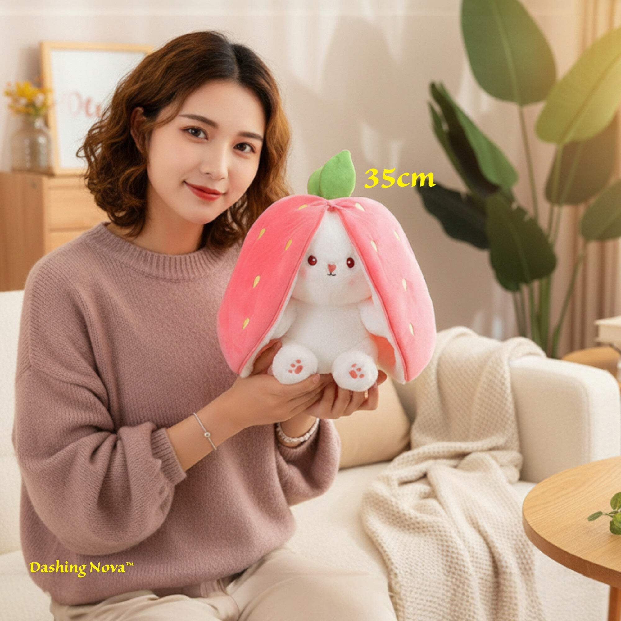 Strawberry Bunny Plush Toy Transformable Rabbit Cute Stuffed Animal, Pink, Large 19.7 inch