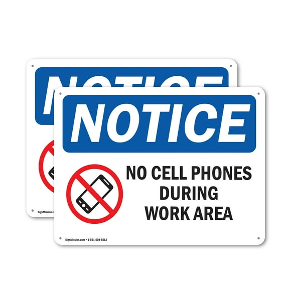 (2 Pack) No Cell Phones During Work Hours OSHA Notice Sign 24 Inch X 18 Inch Indoor / Outdoor Rust-Free Aluminum Metal Signs for Workplace, Workshop, and Construction Site, Made in the