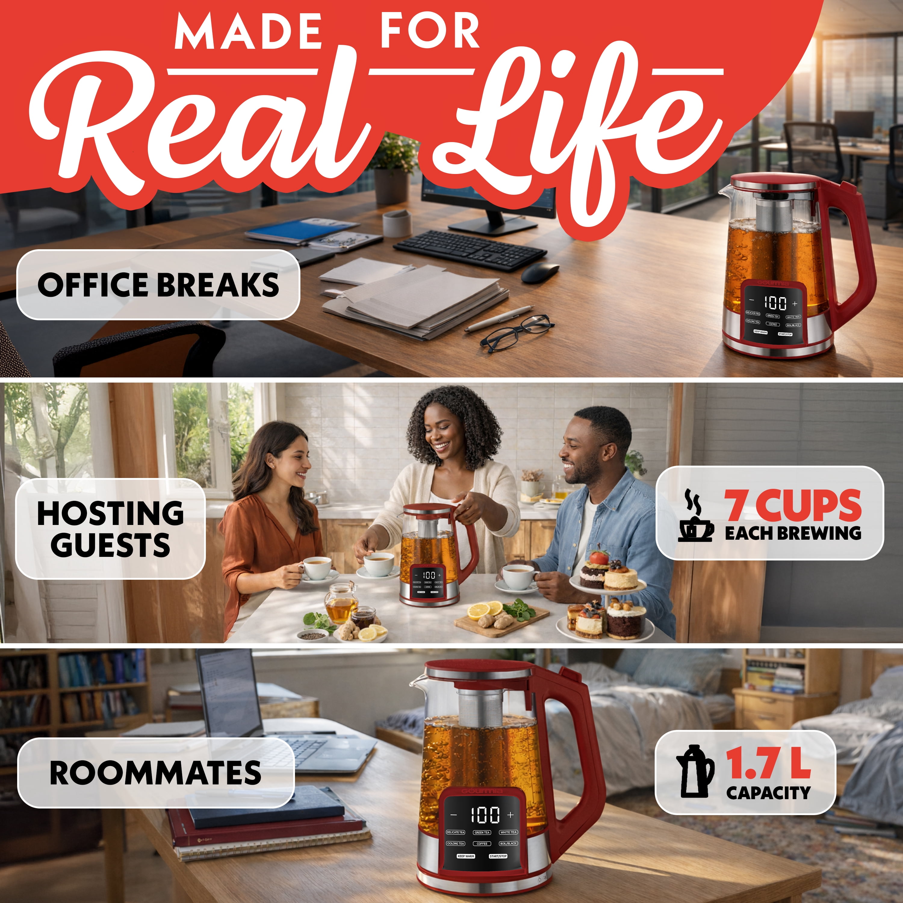 Gourmia Electric Kettle 1.7L with 6 Presets, Digital Display, and Tea Infuser, Red