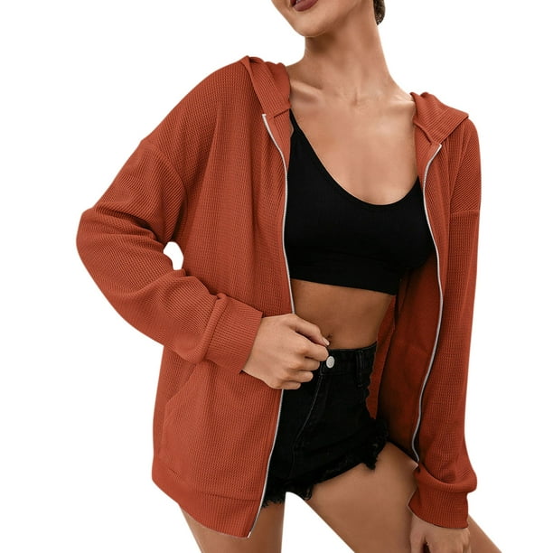 mveomtd Women Casual Full Zip Up Hoodie Comfy Loose Solid Sweatshirt Long  Sleeve Jacket With Pockets Tan Jacket Women Casual Orange - Walmart.com