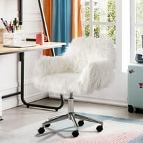 Seizeen Modern Vanity Chair, White Faux Fur Desk Chair, Cute Fluffy Upholstered Vanity Chair, Height Adjustable Office Chair, Home Swivel Accent Chair with Wheels, for Living Room, Bedroom