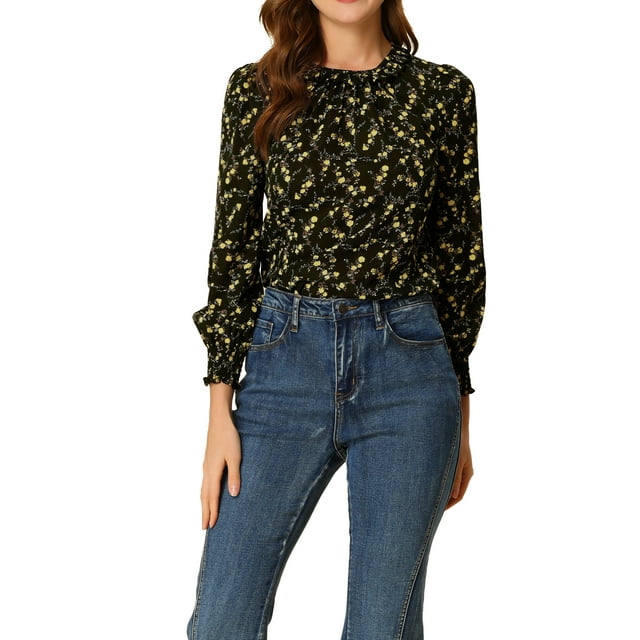 Blusa Floral de Cuello Redondo con Volantes y Abertura en la Espalda de Mangas con Puños Fruncidos de INSPIRE CHIC Negro M
