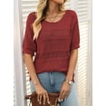 thumbnail image 3 of Womens Short Sleeve Sweaters Summer Round Neck Pullover Sweater Crochet Tops Red L, 3 of 7
