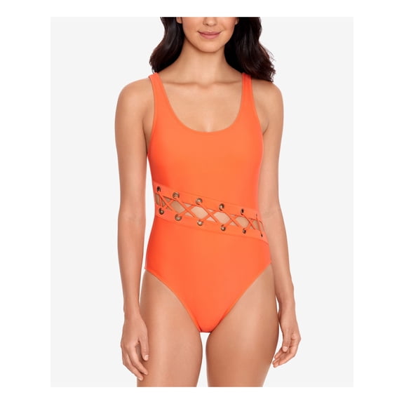 SALT   COVE Women's Orange Stretch Lace-Up Grommets Lined Moderate Coverage Cutout Scoop Neck One Piece Swimsuit XS