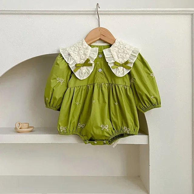 Sisters Dress Spring Baby Girls Bow Bodysuit Korean Girls' Lace Embroidery Floral Lapel Princess Dress Children's Clothing