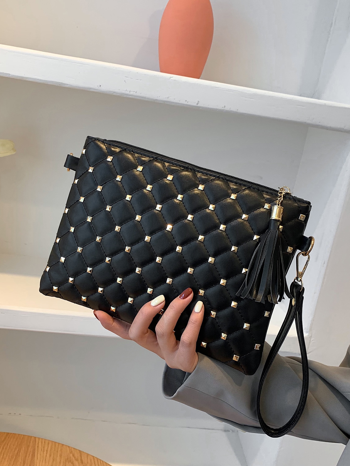 Studded Decor Quilted Clutch Bag - image 3 of 5
