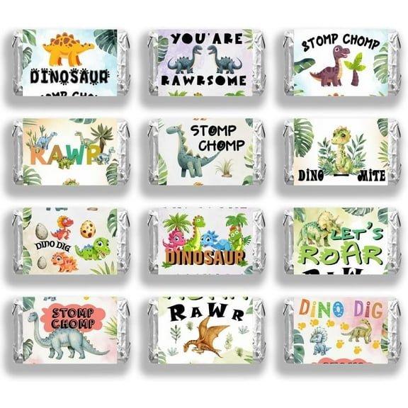 120 Pcs Dinosaur Theme Mini Candy Bar Wrappers for Sons Let’s Roar Stomp Chomp Chocolate Bar Label Stickers Self Adhesive Stickers for Birthday Shower Dinosaur Party Favors(No Candy) for DIY
