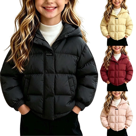 Kids Winter Hooded Puffer Coat, Girls Thick Warm Windproof Long‑Sleeve Solid Color Outerwear for Cold Winter Days | CSEONE