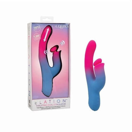 CalExotics Elation Thrusting Rechargeable Silicone Rabbit Vibrator, Blue/Pink