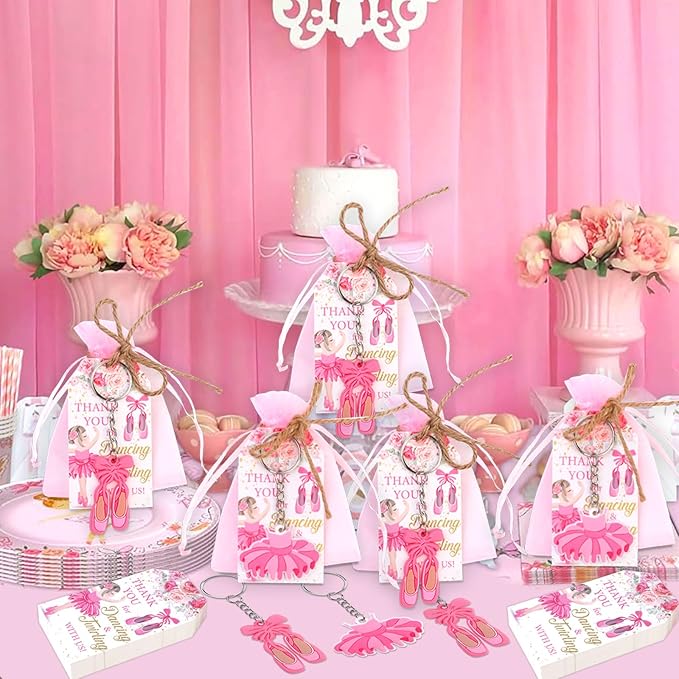 Serencatcher Ballerina  Favors, 90pcs Ballet  Favors Baby Shower Birthday Bags Filler Ballerina Tutu Shoes Keychains Thank You Tags Pink Organza Bags for Ballerina Baby Shower Birthday