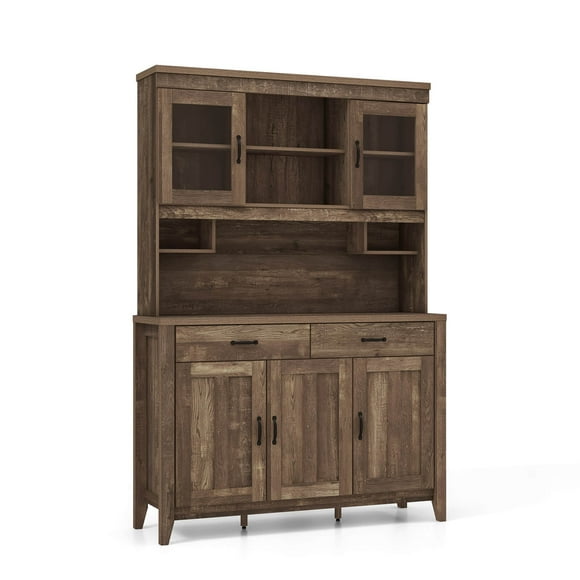 Costway Kitchen Pantry Cabinet with Microwave Countertop Double Glass Doors 2 Drawers