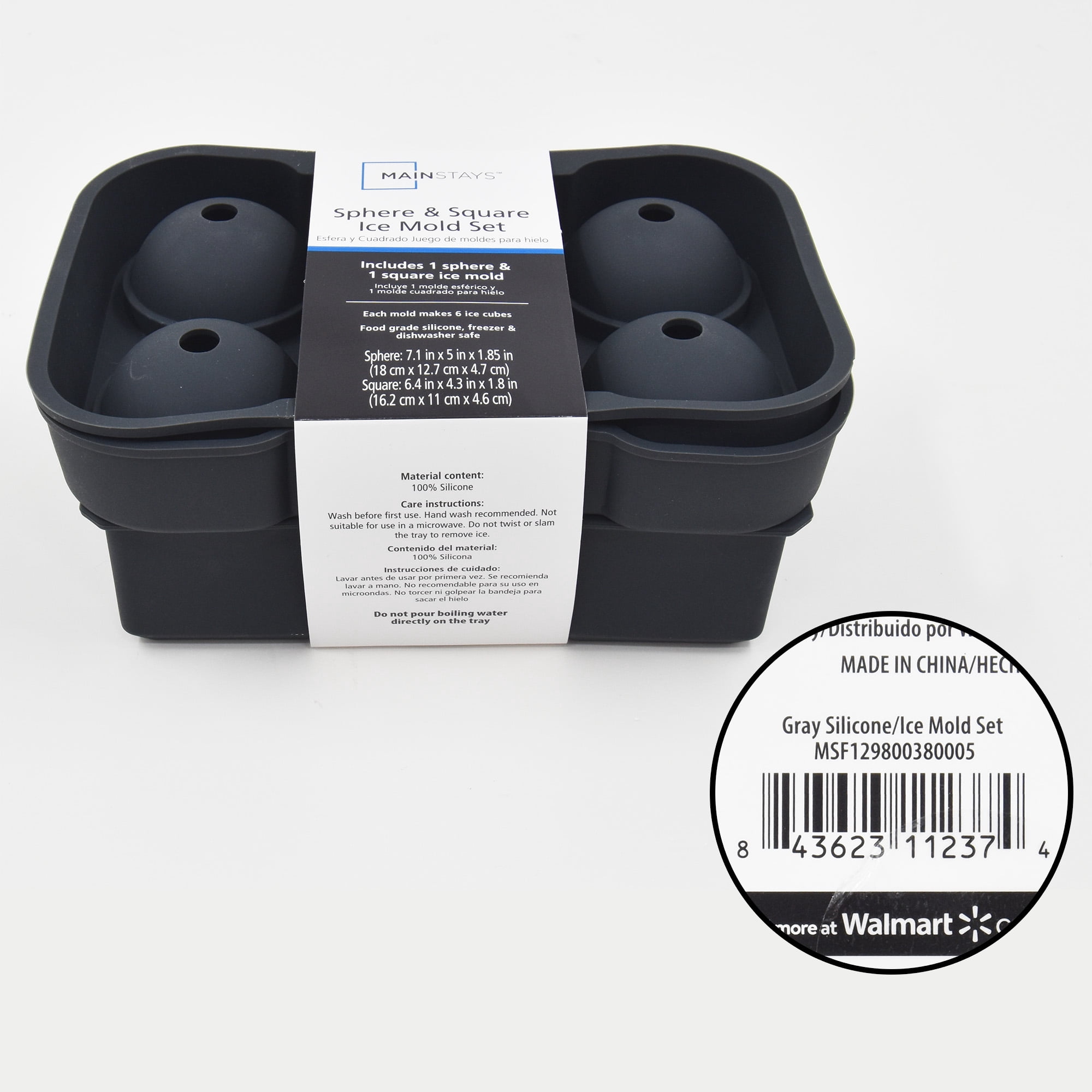 (6 pack) Mainstays, Ice Cube Tray, 2 Pack Silicone Ice Cube Tray Grey, Square & Sphere Combo, 2 pack, perfect for chilled drink preparation