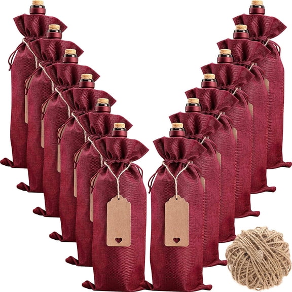 Burlap Wine Bags 12 Pack with Drawstrings and Tags for Gifting