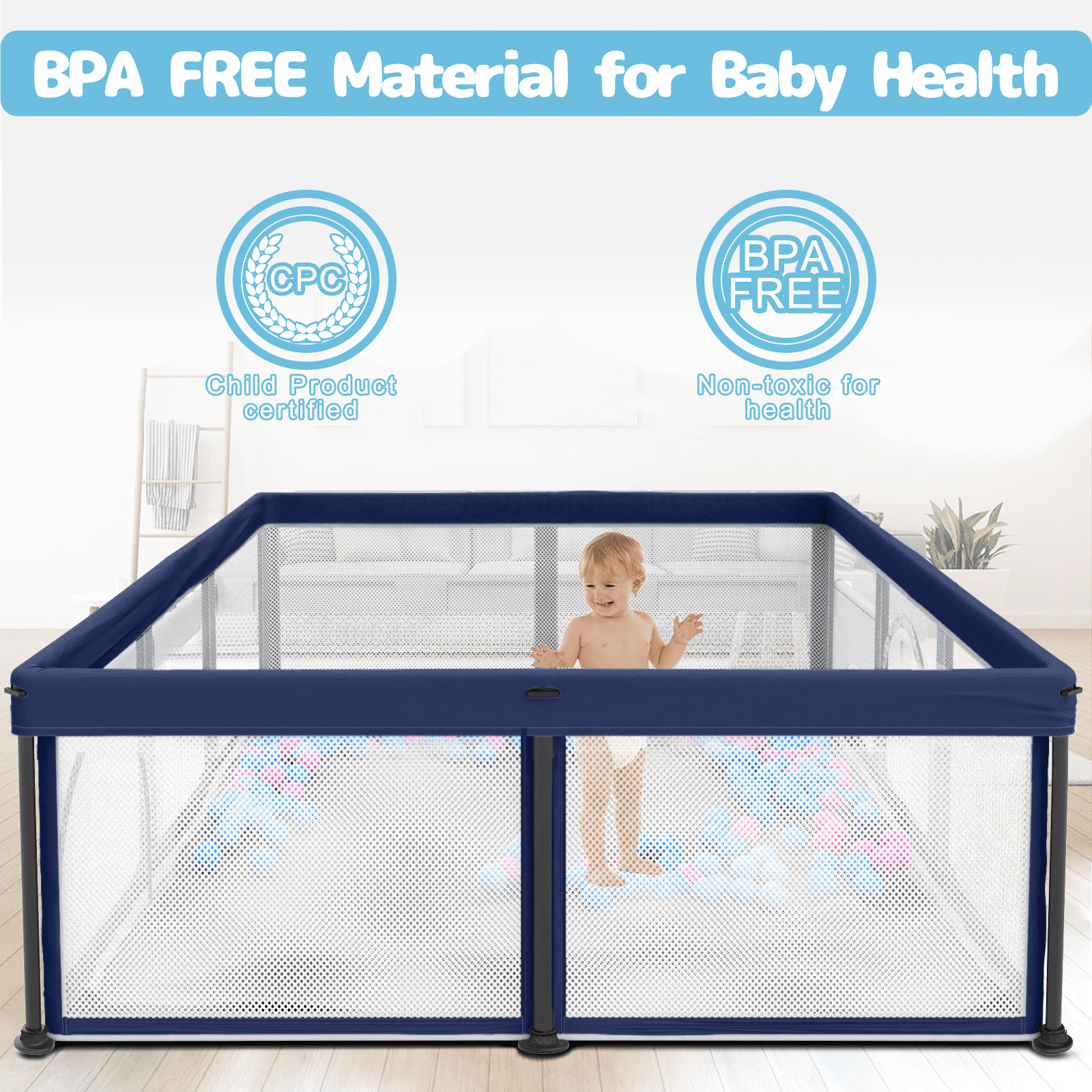 G TALECO GEAR Large Baby Playpen with Mat, Foldable Playpen for Babies and Toddlers, Portable Travel Play Yard, 50"x71", Blue