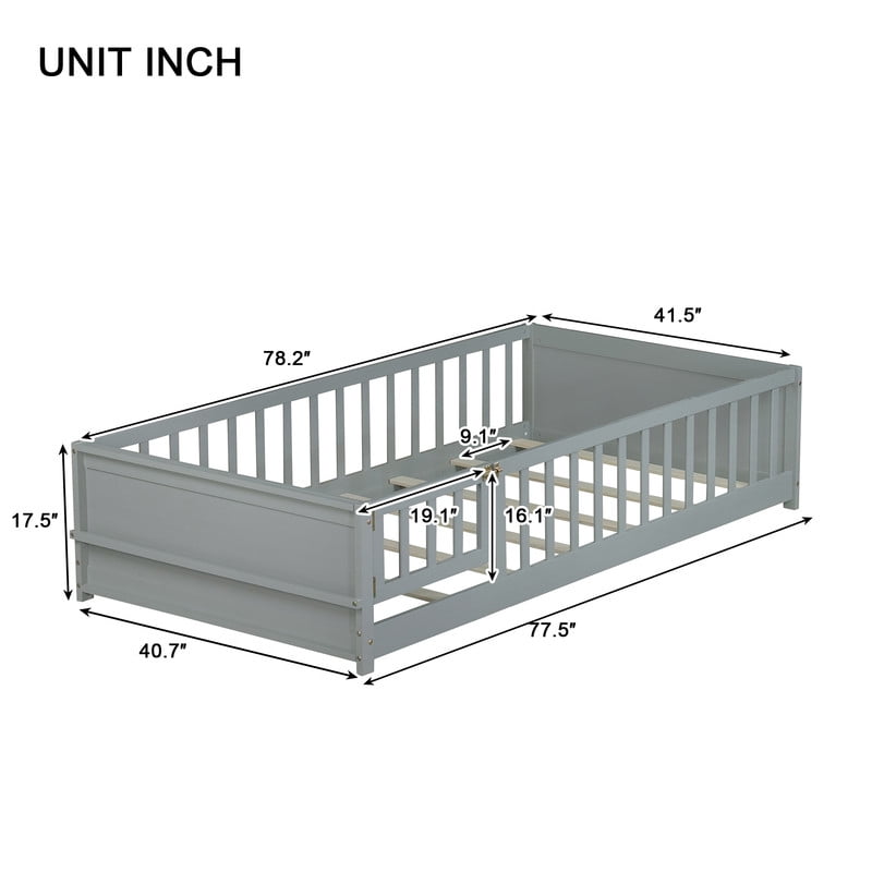 Twin Size Wooden Platform Bed with Safety Guardrails & Built-in Bookshelf, Montessori Kids Floor Bed Frame with Door