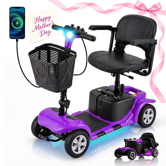 QEASET 4 Wheels Mobility Scooter for Seniors, Electric Folding Wheelchair Device for Travel,  Mother's Day Gift for Mom,  Purple