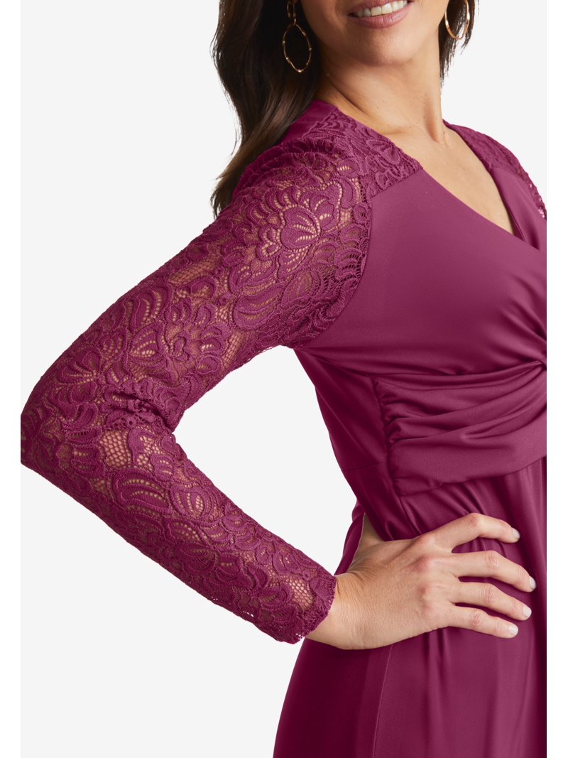 cocktail dress red lace Tamara V-Neckline Ruched Long Sleeve Lace Mesh Dress Red main image 0