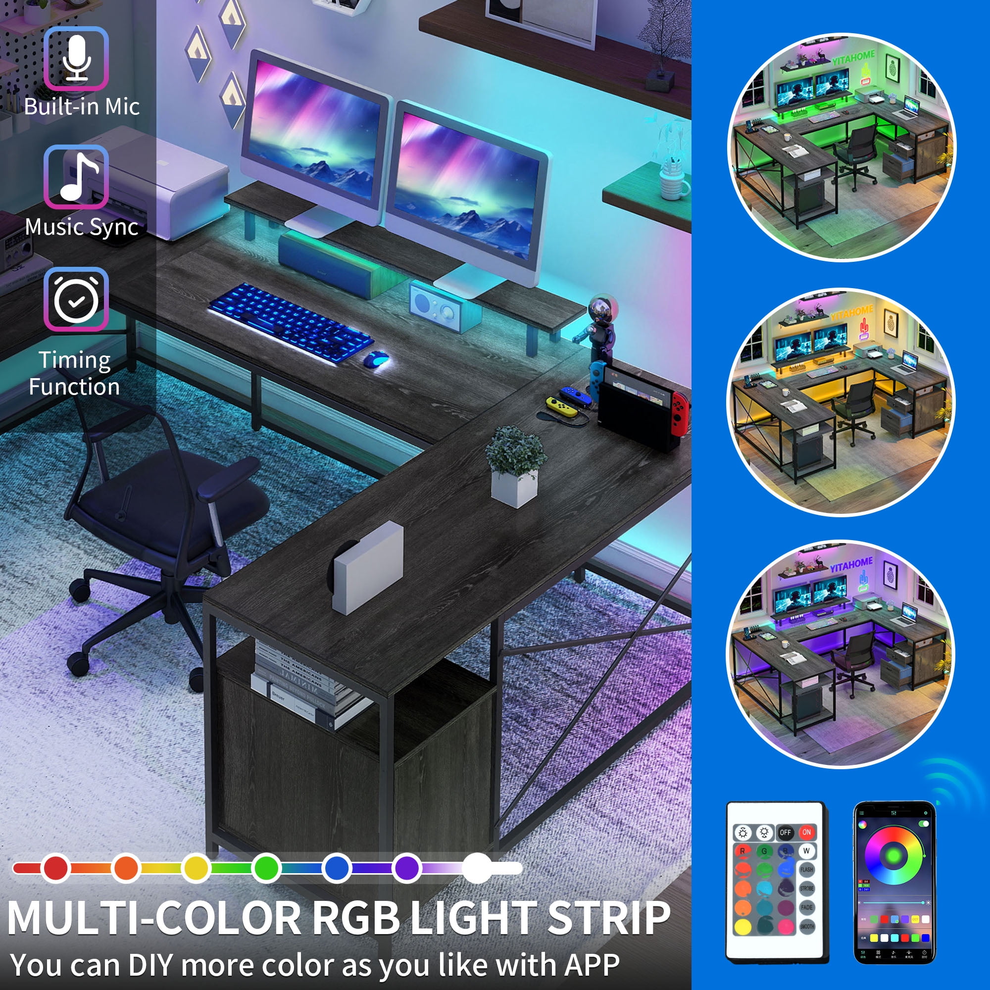 Dextrus L Shaped Desk with Power Outlets & LED Lights, Reversible Computer Desk with Drawers & Storage Shelves, Large U Shaped Desk, 2 Person Corner Office Desk for Home Office,Gray