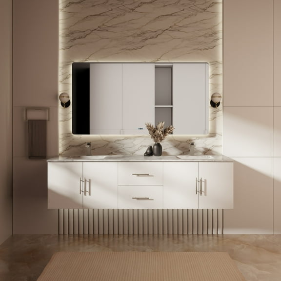 Geneva 72 in. W Glossy White Double Vanity, Carrara Marble Top, and 30 in. LED Mirrors