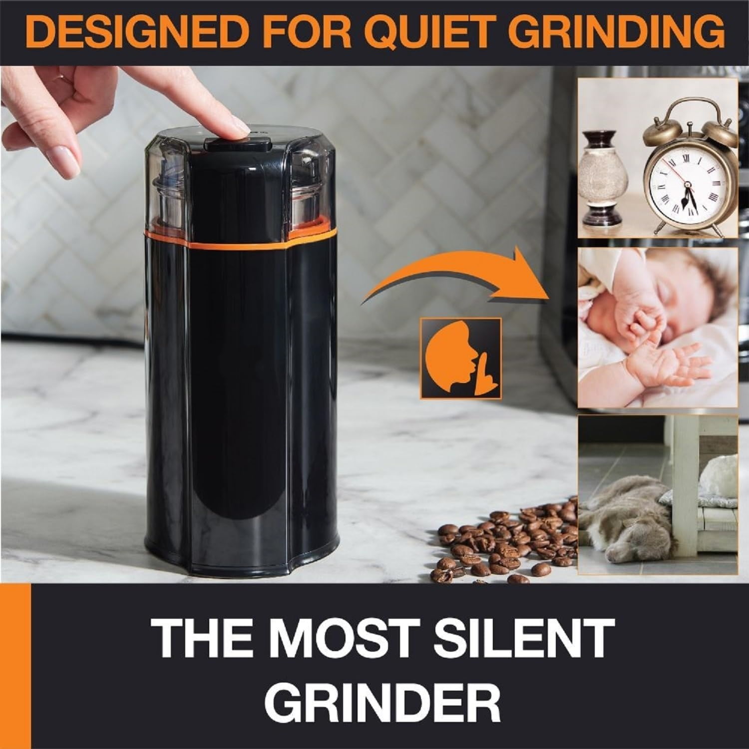 Silent Vortex Electric Coffee Grinder: 3 oz Capacity, 5x Quieter, 175W Motor for Coffee Beans, Spices & Herbs - Removable Dishwasher-Safe Bowl, 12-Cup Yield, Black