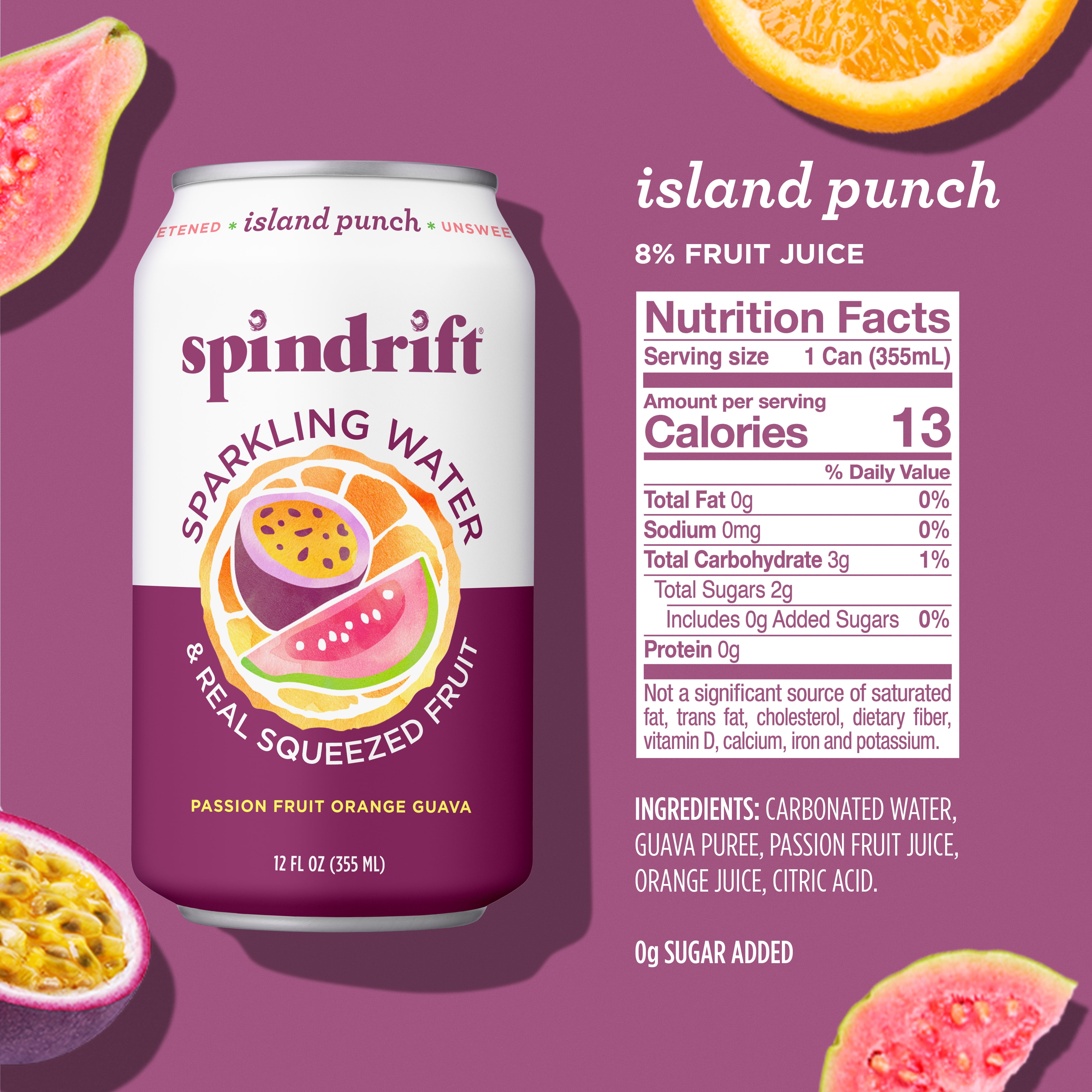 Spindrift Sparkling Water, Island Punch Flavored, Made with Real Squeezed Fruit, 12 fl oz, 8 Count, No Sugar Added, 13 Calories per Can