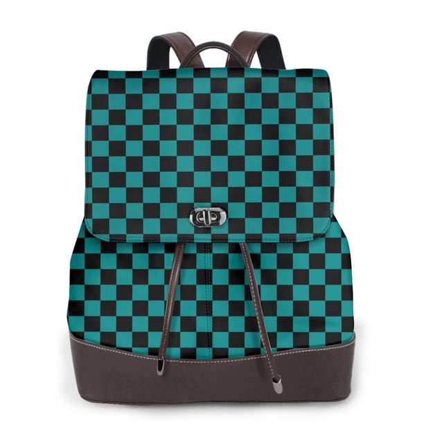 Balery Black And Teal Checkerboard Mochila de Cuero para Mujeres, Gran Capacidad, Bolsa de Viaje Multifuncional, Mochila de Cuero y Bolsa de Hombro para Mujeres