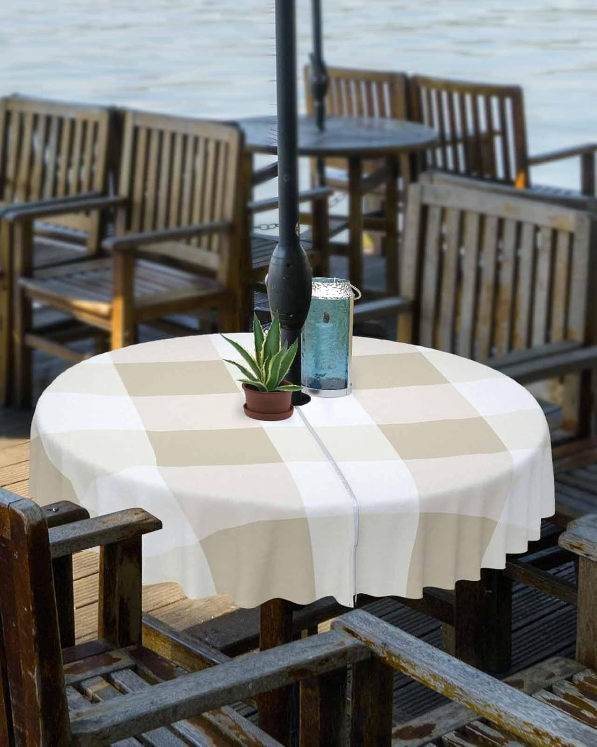 Outdoor Round Tablecloth with Umbrella Hole and Zipper, Beige Plaid Waterproof Table Cover, Spring Summer Farmhouse Buffalo Checkered Washable Patio Tablecloths for Party/Garden/Picnic, 60 inch