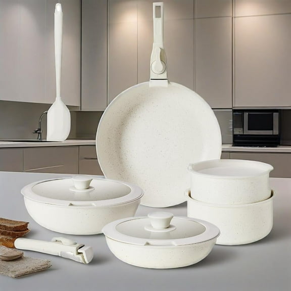 Nexuva 12-Piece Non-Stick Cookware Set with Detachable Handles, Beige Pots & Pans