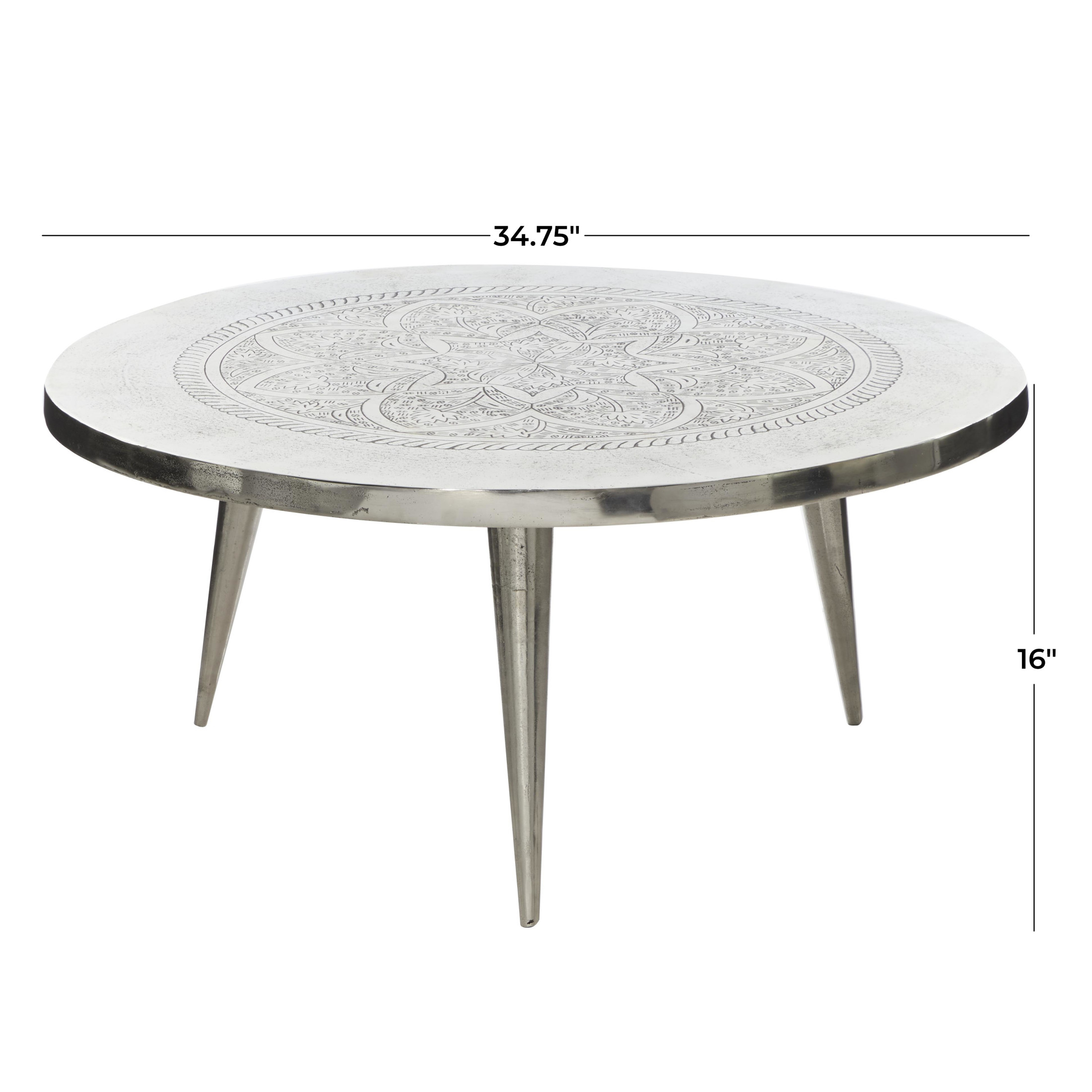 DecMode Traditional Aluminum Round Coffee Table with Etched Lotus Embled Design and Polished Silver Finish, 35"W x 16"H