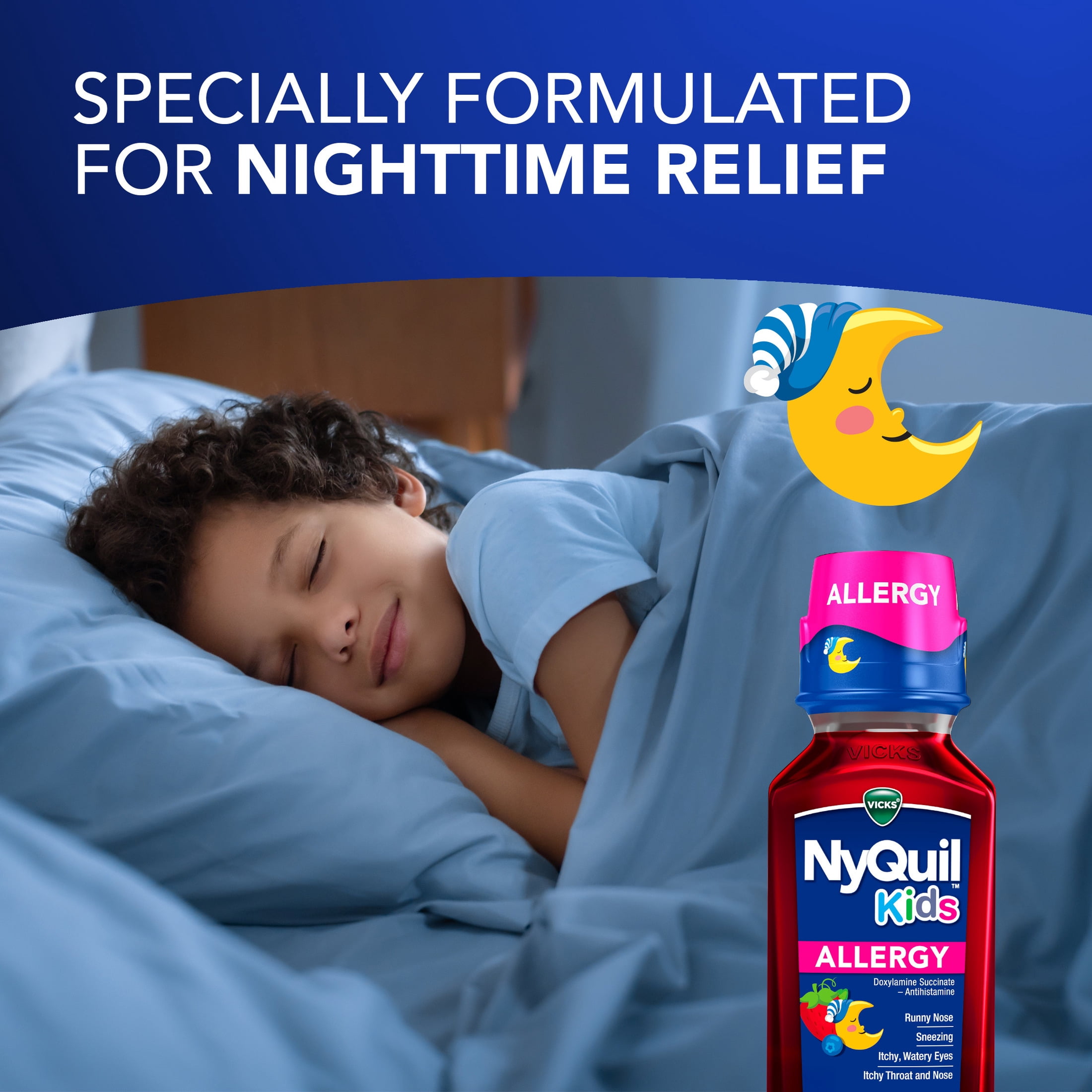 (3 pack) Vicks NyQuil Kids Allergy Liquid, Nighttime Allergy Medicine for Children, Berry, 8 fl oz
