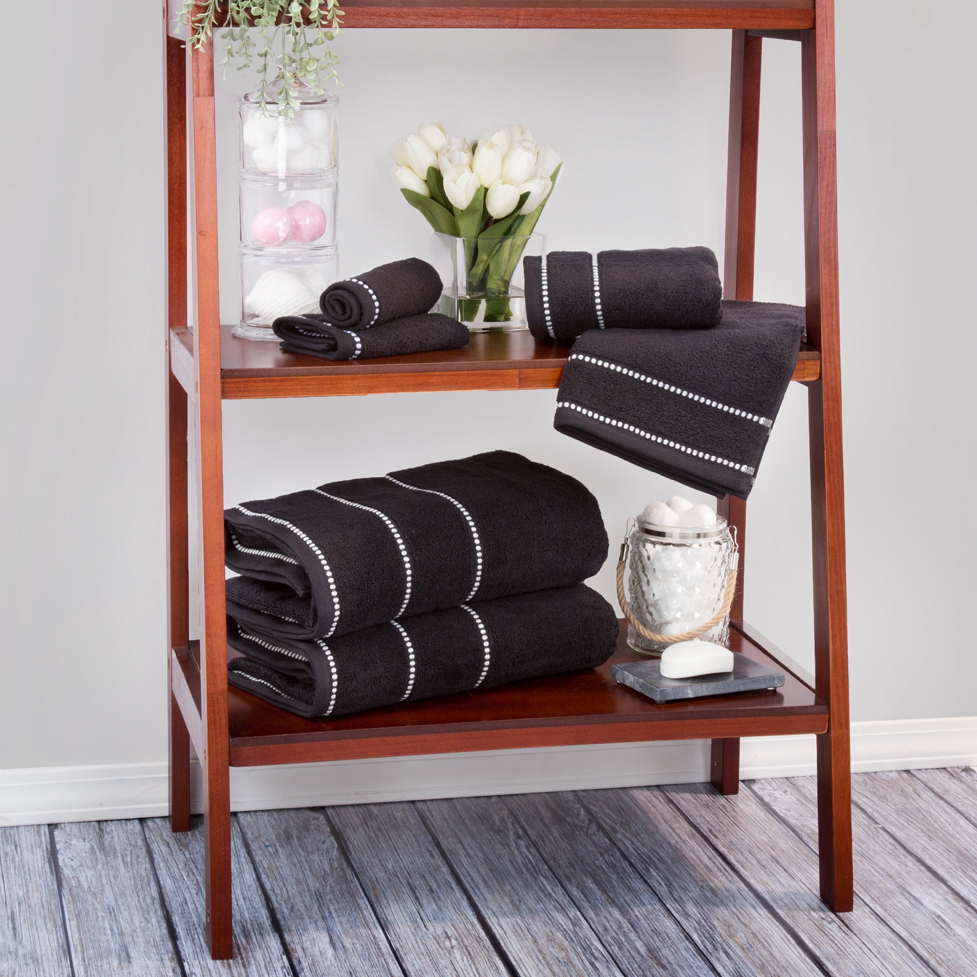 6-Piece Quick Dry Bath Towels Set - 100% Cotton Towel Set for Bath, Gym, and Spa (Black)