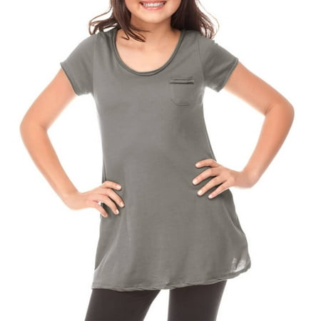 - Kavio! Big Girls 7-16 Sheer Jersey Double Raw Edge Scoop Neck Penny Pocket Short Sleeve Titanium L