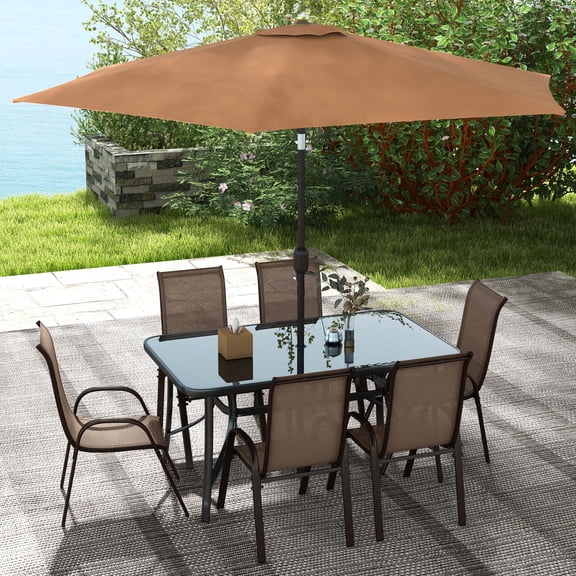 Outsunny 8 Piece Patio Furniture Set with Umbrella, Outdoor Dining Table and Chairs, 6 Chairs, Push Button Tilt and Crank Parasol, Glass Top, Brown