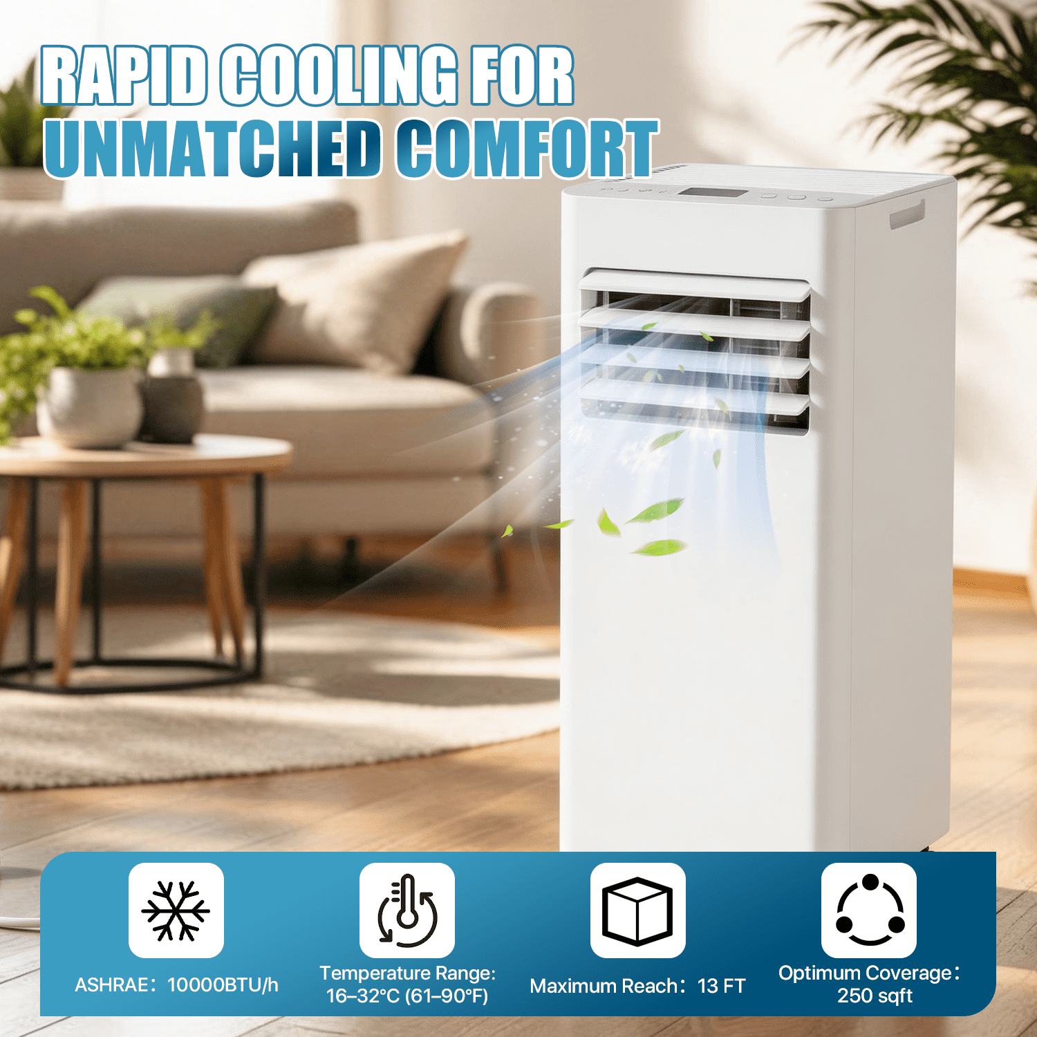 Dateyes 10000 BTU Portable Air Conditioners, 5-1 Standing Smart Cooling AC with Remote Control, Cooling, Heating， Dehumidifier and Fan, Automatic Unit for Bedroom, Portable AC for Room Indoors