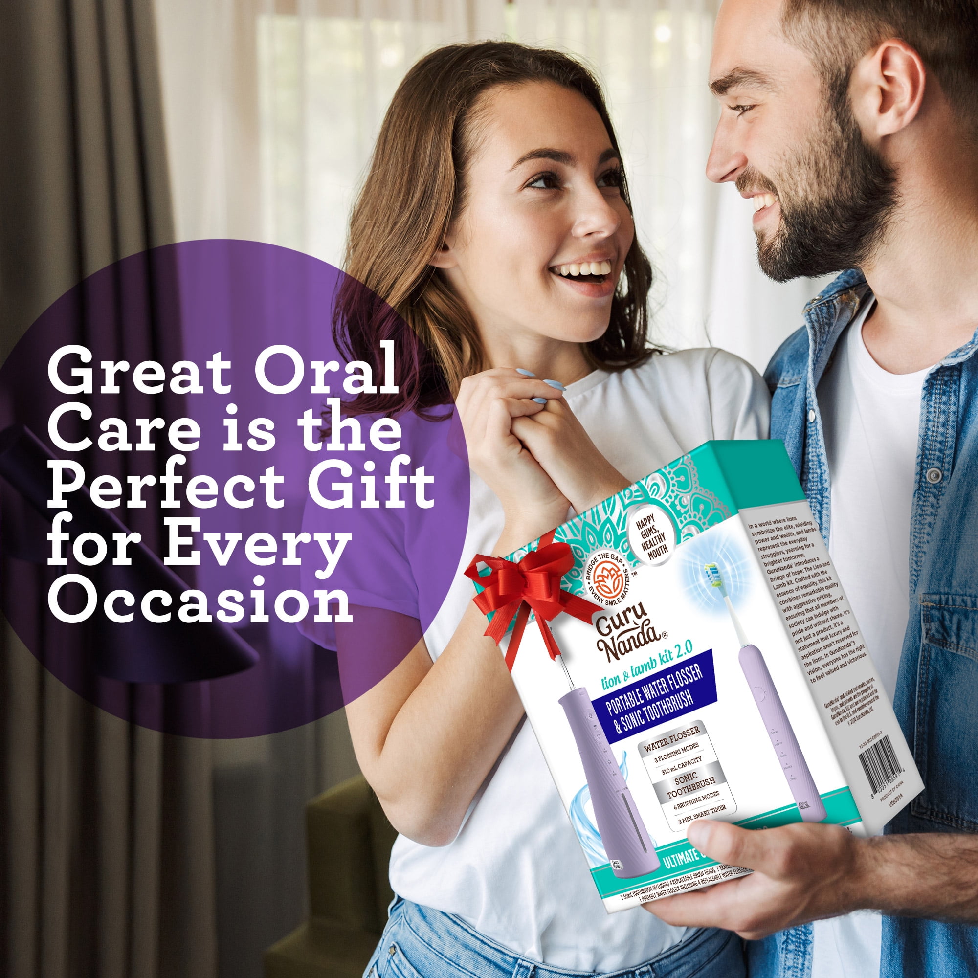 GuruNanda Lion & Lamb Kit 2.0 Electric Toothbrush with Water Flosser, 4 Jet Tips, 4 Brush Heads,Lavender