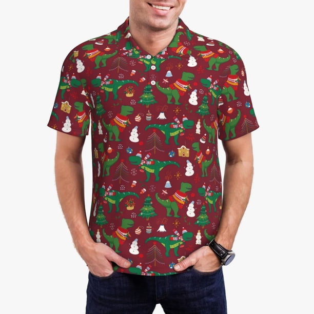 Balery Dinosaur Christmas Camisa Polo de Hombre con Estampado, de Manga Corta y Tejido Medio, Camisa Tipo Golf Polo-Medium