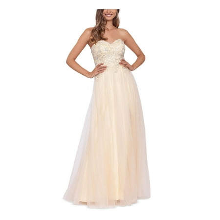

BLONDIE NITES Womens Yellow Embellished Zippered Lace Up Back Lined Sleeveless Strapless Full-Length Prom Gown Dress Juniors 11