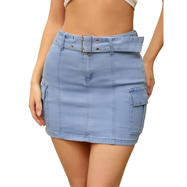 Falda de Mezclilla de Cintura Alta con Cinturón Elástico y Bolsillos Cargo para Mujeres INSPIRE CHIC, Mini Falda Ajustada M Azul Claro