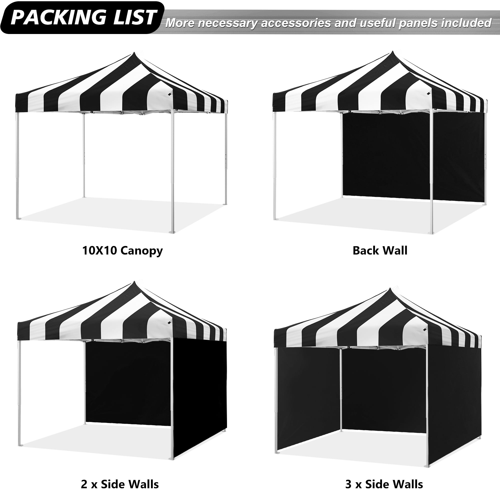 VentuLodge 10x10 Pop up Canopy Tent with Sidewalls, Commercial Grade Heavy Duty Canopy with Striped Top, Black