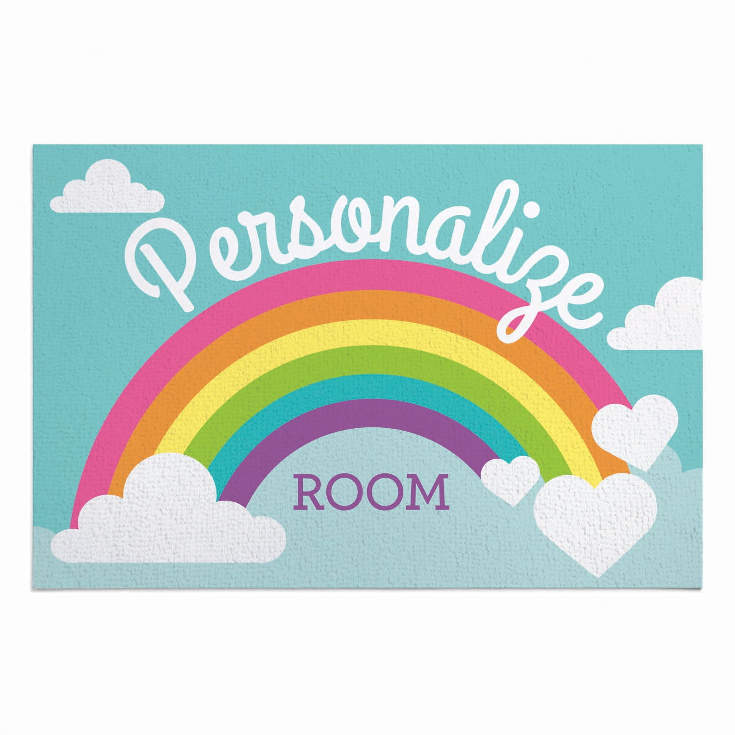 Personalized Planet 27x18 Girls Rainbow Bedroom Doormat with Custom Name Printed on Blue Rectangular 1/4” Thick Non Slip Mat with Clouds and Hearts Design