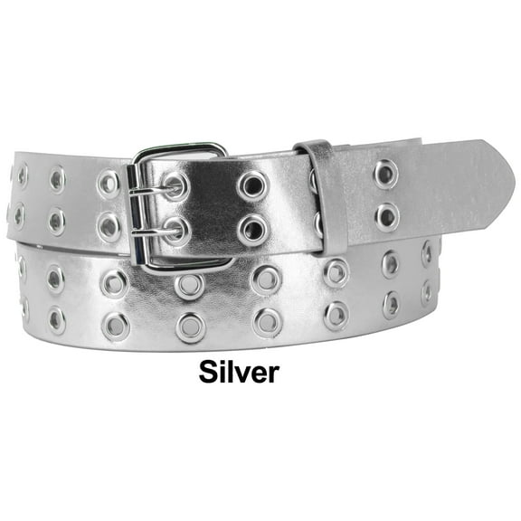 Silver 2 Holes Row Silver Grommets Bonded Leather Belt Removable Buckle