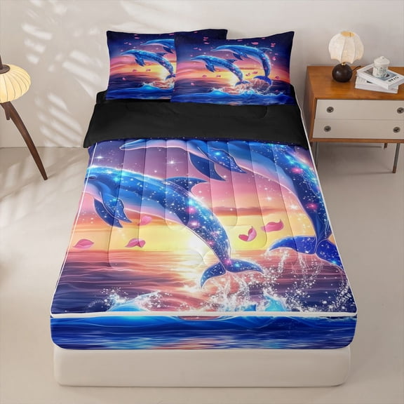 Manfei Fantasy Dolphin Zipper Twin Comforter Sets with Fitted Sheet and 2 Pillowcases for Kids Boys and Girls, Marine Animal Print Zipper Bedding Set, Black Reversible, 4-Piece