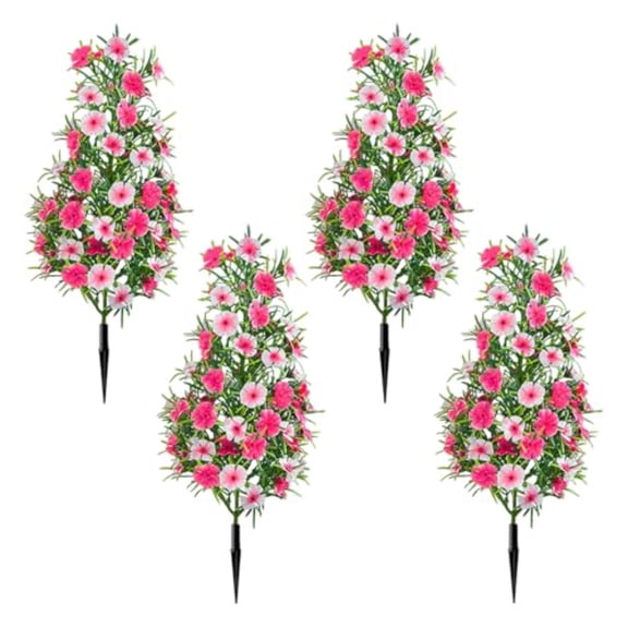 4 Pack Artificial Conical Flower Trees with Ground Stakes, 19.7 x 8.7 Inch UV-Resistant Outdoor Shrubs for Patio, Garden, Porch, Indoor Outdoor Decor (Pink)