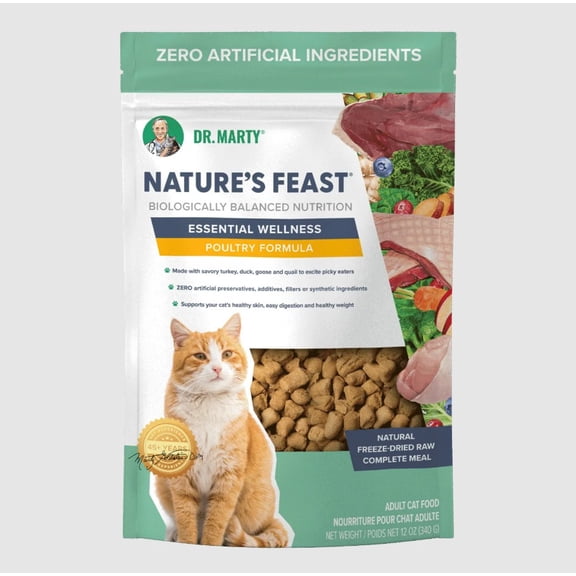 Dr. Marty Nature's Feast Essential Wellness Cat Food, Freeze Dried Raw Cat Food, Poultry Formula for Easy Digestion & Youthful Vitality, 12 oz