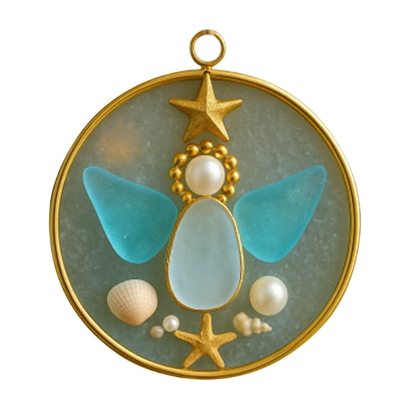 TanSiDing 1pcs Handmade Sea Glass Nativity Ornament, Beach Inspired Christmas Tree Decor, Unique Holiday Ornament with Seashells, Frosted Glass Nativity Scene, Christmas Decoration for Gifting